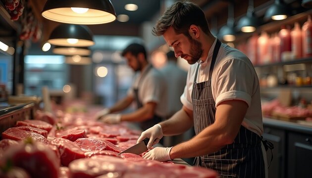 Portrait of a butcher with a warm smile, arranging meat on a cutting table. Balanced composition with natural light, depth of field, and space for text create an advertising-style appearance.






