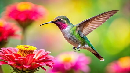 Fototapeta premium Hummingbird hovering gracefully beside a vibrant flower, hummingbird, flying, flower, beauty, nature, wildlife, colorful