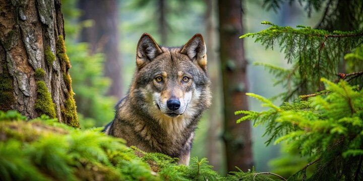 Wolf camouflaged among trees in the alps forest, wolf, alps, forest, nature, wildlife, predator, wild, trees, camouflage, animal