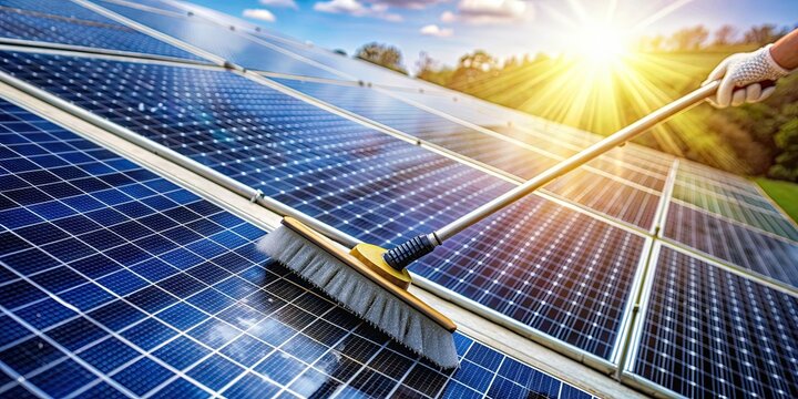 Cleaning solar panels with a brush and water for efficient green energy production , solar panel, cleaning