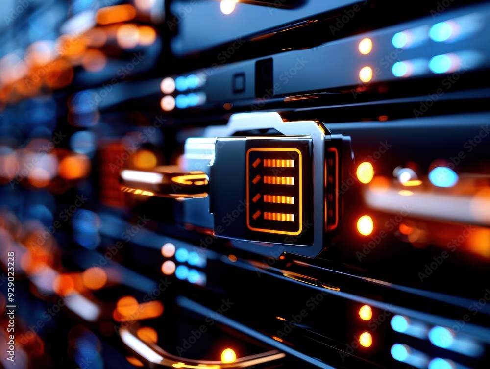 Poster close-up of a network server connection, showcasing vibrant lights and advanced technology in a data