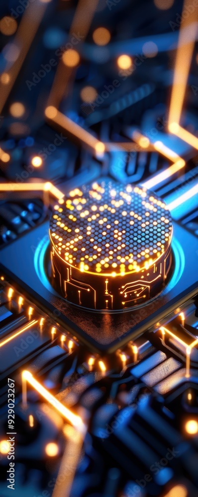 Poster close-up of a modern microchip technology with glowing lines, symbolizing innovation in electronics 