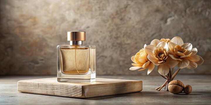 Graceful perfume bottle on stone pedestal with wooden flower decoration, elegant, perfume, bottle, stone