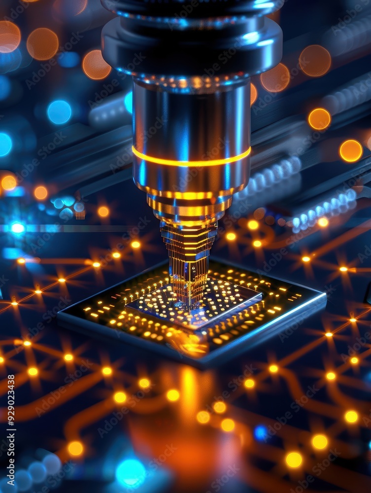 Poster close-up of a precision laser cutting a microchip on a circuit board, showcasing technology and inno