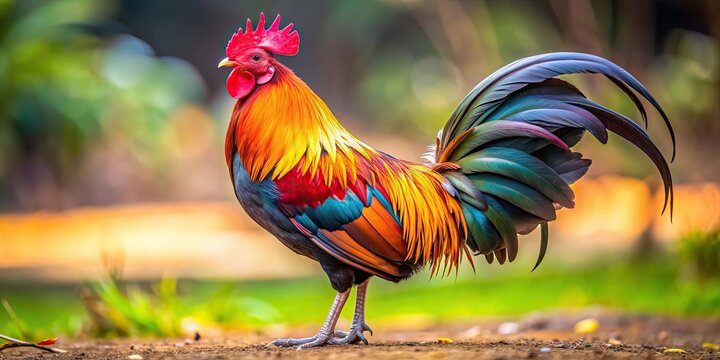 Majestic gamecock displaying vibrant feathers in a competitive stance, gamecock, rooster, fighting, animal, bird