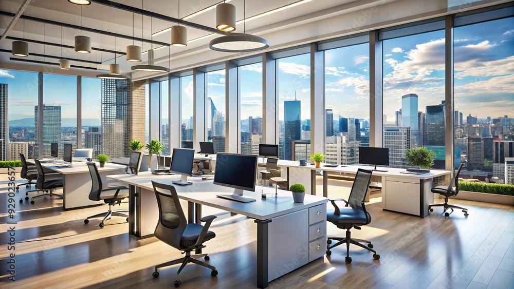 Poster modern corporate office space with rows of desks and computers, blurred background of cityscape thro