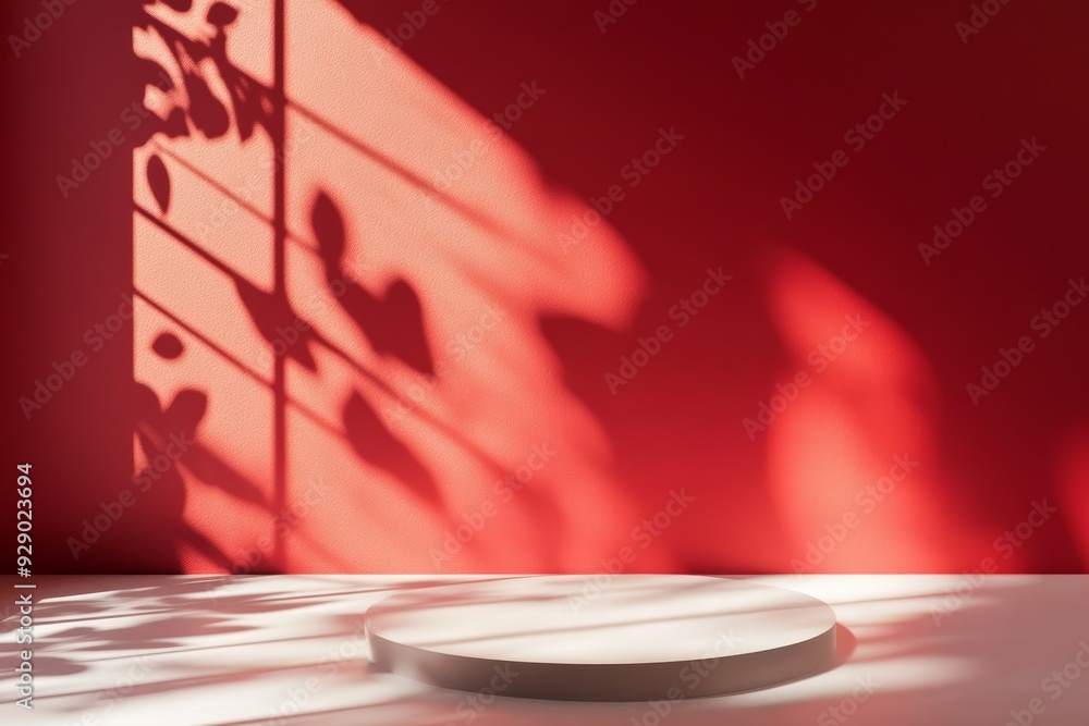 Poster a minimalist scene with a circular base against a rich red wall, enhanced by subtle shadows adding d