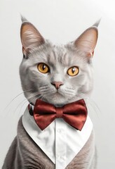 A sophisticated cat dressed in a tuxedo bow tie, exuding charm and elegance. Perfect for pet-related branding or whimsical marketing campaigns.