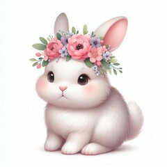 Fototapeta premium Adorable bunny with a floral crown, perfect for spring themes, children's products, or Easter celebrations. A charming design for greeting cards and invitations.