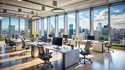 Fototapeta premium Modern corporate office space with rows of desks and computers, blurred background of cityscape through floor-to-ceiling windows, symbolizing innovation and technology.