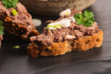 Sandwiches with homemade chicken liver pate for breakfast