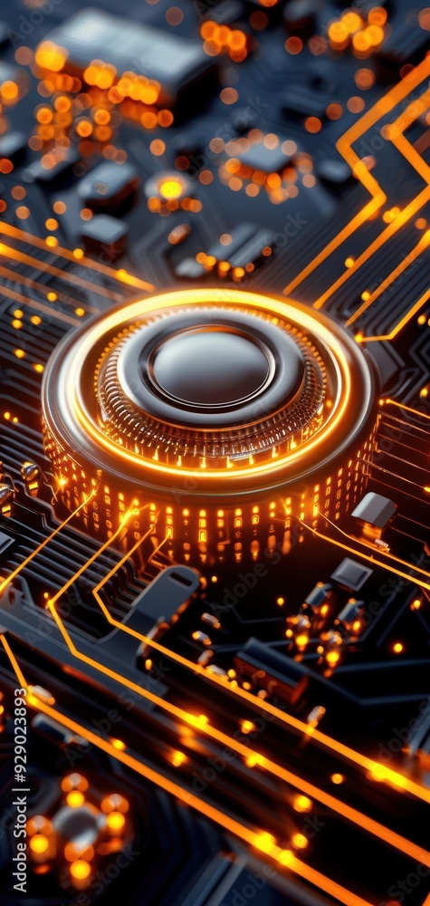 Poster close-up view of an electronic component on a circuit board, showcasing intricate designs and glowin