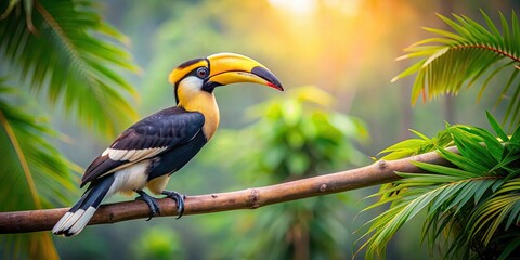 Obraz premium Majestic great hornbill perched on a branch in Phnom Penh, Cambodia, great hornbill, bird, wildlife, jungle, nature, colorful