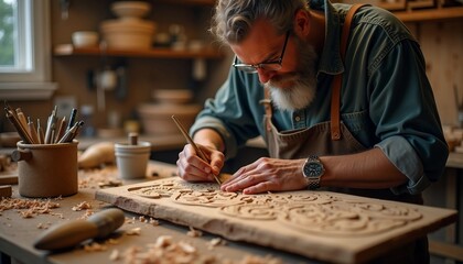In a rustic craftsman studio, an artisan carves intricate designs into wood. Tools and shavings add authenticity, with the depth of field highlighting the artisan’s work and a blurred backdrop.






