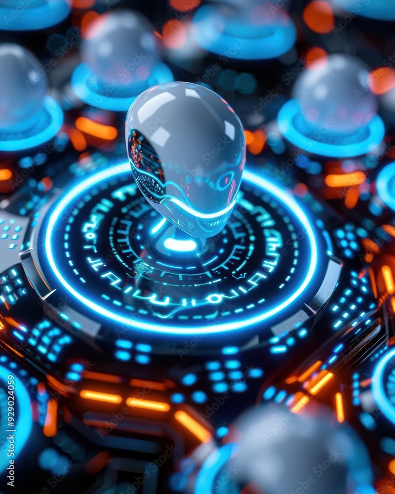 Poster Futuristic alien robot in a vibrant technological setting, showcasing advanced circuitry and glowing elements.