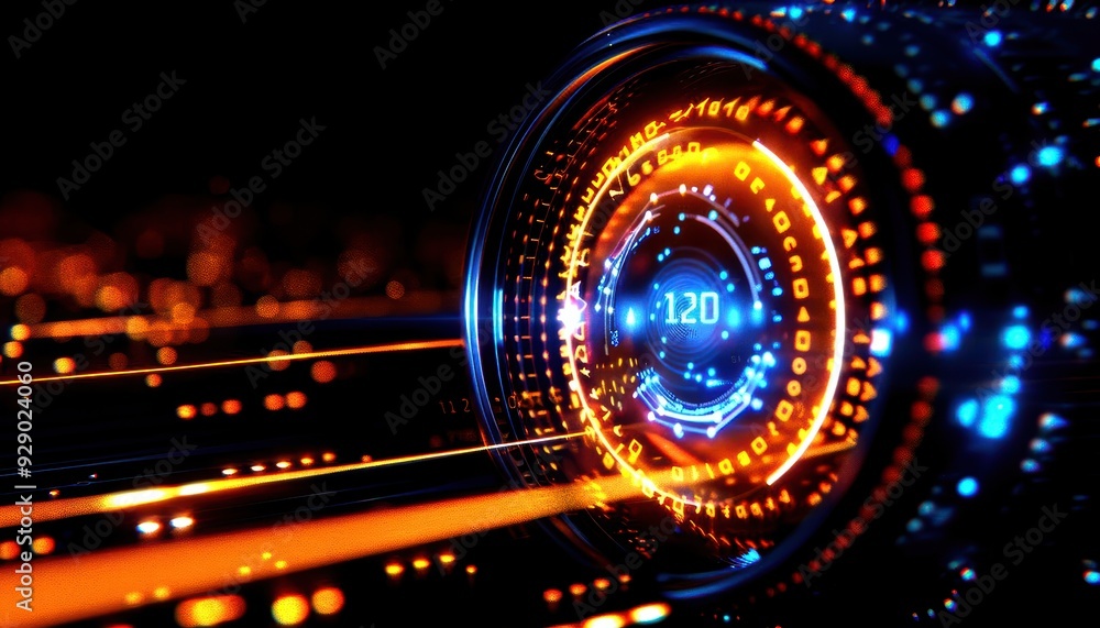 Poster futuristic abstract design with glowing lines and digital patterns, representing technology and inno
