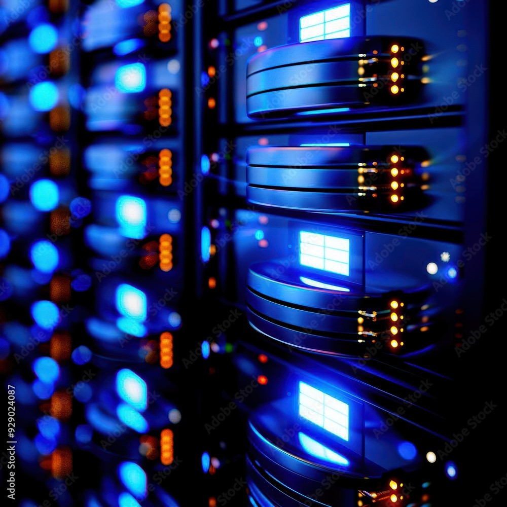 Poster futuristic data server with glowing blue lights and sleek design, showcasing advanced technology in 