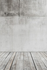 Fototapeta premium A white blank concrete wall serves as a clean, neutral backdrop, while a warm wooden floor adds texture and contrast.