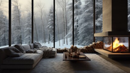 Cozy living room with modern fireplace and panoramic window with great view on the snowy forest. Neural network ai generated art