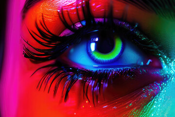 Eye with makeup in holographic lighting.