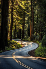 Naklejka premium A winding road meanders through the majestic California redwoods, the towering trees swaying gently in the breeze under daylight