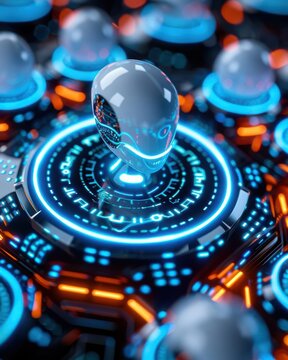 Futuristic alien robot in a vibrant technological setting, showcasing advanced circuitry and glowing elements.