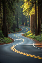 Obraz premium A winding road meanders through the majestic California redwoods, the towering trees swaying gently in the breeze under daylight
