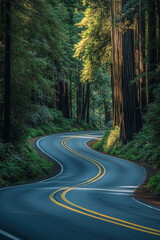 Fototapeta premium A winding road meanders through the majestic California redwoods, the towering trees swaying gently in the breeze under daylight