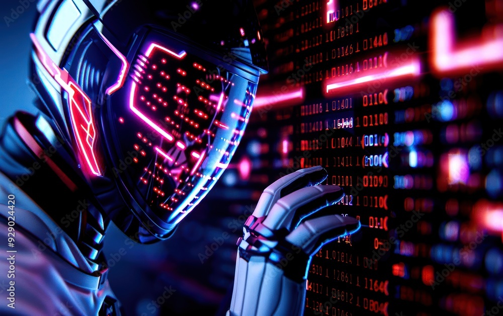 Poster futuristic robot interacts with digital interface, showcasing advanced technology and cybernetic des
