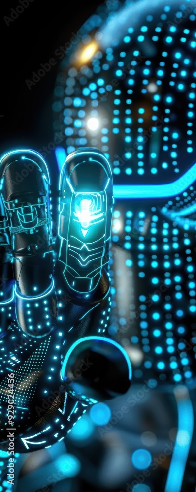 Poster futuristic robot hand glowing with blue lights, showcasing advanced technology and digital art conce