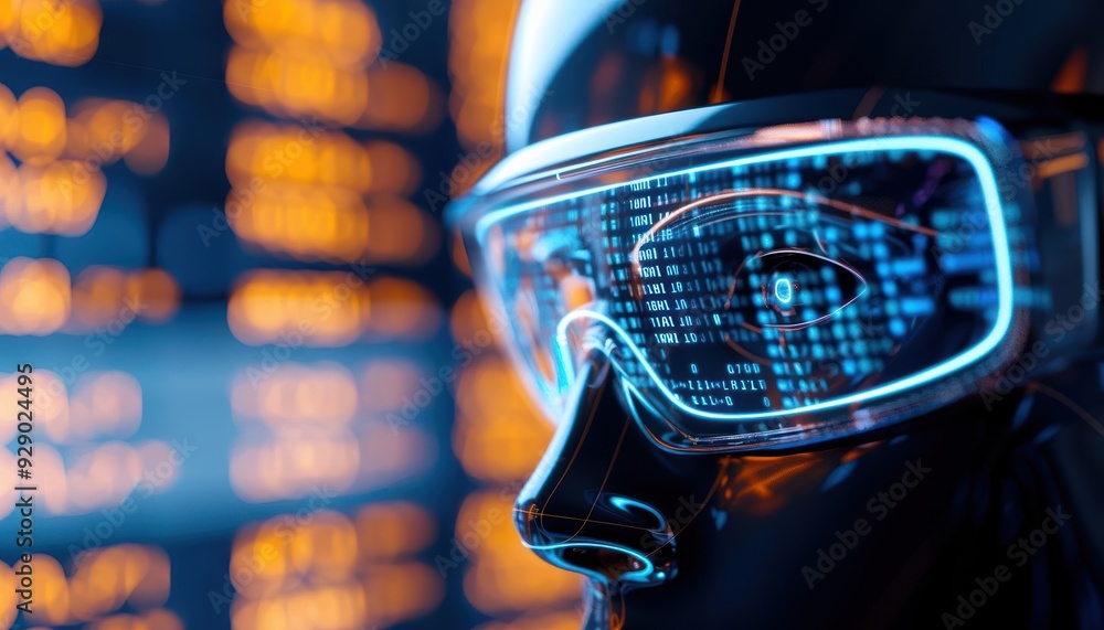 Poster futuristic robot with glowing glasses and digital interface in the background, symbolizing advanced 