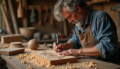 In a rustic craftsman studio, an artisan carves intricate designs into wood. Tools and shavings add authenticity, with the depth of field highlighting the artisan’s work and a blurred backdrop.






