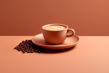 Obraz premium Coffee cup with pastel tones. Warm brown background, chocolate and grain design. Cozy coffee experience. Soothing coffee scene, pastel coffee cup