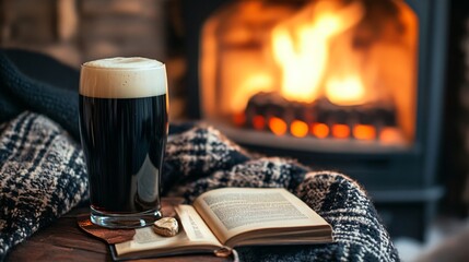 A cozy winter scene with a glass of stout beer, topped with a creamy head, set on a wooden table near a roaring fireplace, with a book and blanket nearby