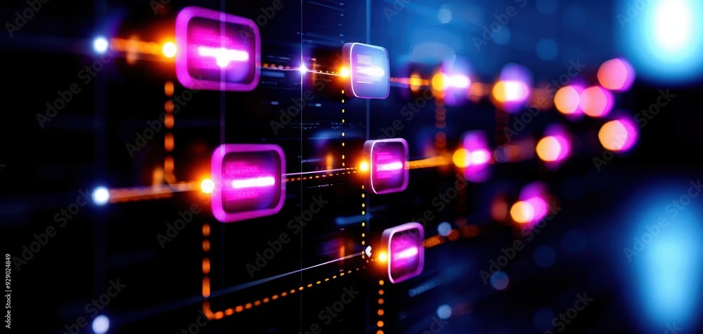 Poster this image showcases a vibrant digital circuit with illuminated nodes, perfect for technology and in
