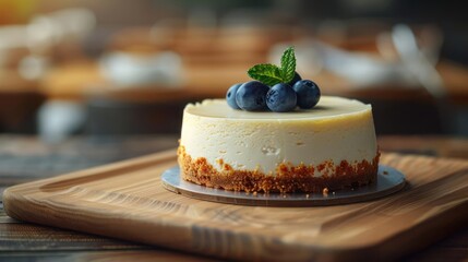 A scrumptious blueberry cheesecake garnished with a sprig of mint on the side.