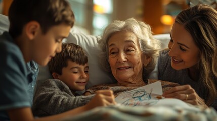 Fototapeta premium A joyful family moment with children and a grandmother sharing love and creativity in a cozy environment.
