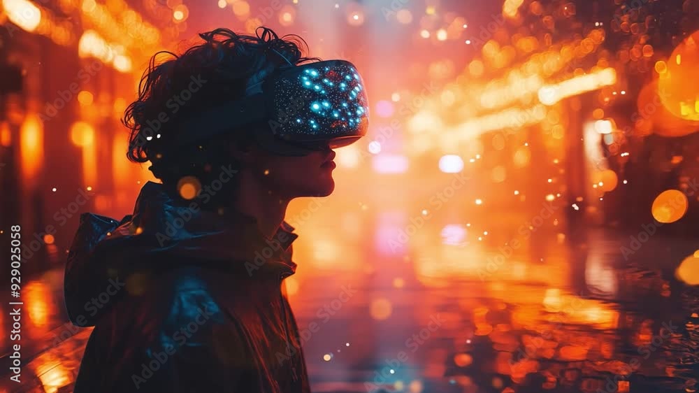 Poster a user immerses in a colorful virtual reality experience, surrounded by glowing lights and reflectio