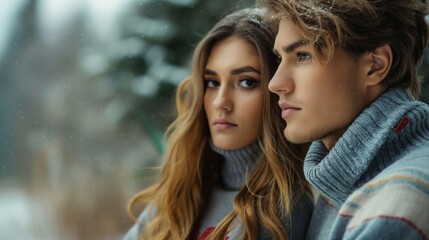 Obraz premium A stylish couple poses in a winter wonderland, showcasing their fashionable sweaters amidst falling snow.