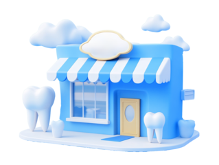 a blue and white store with white teeth