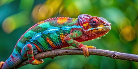 Vibrantly colored Panther Chameleon crawling on a branch, chameleon, reptile, colorful, exotic, vivid, tropical, lizard