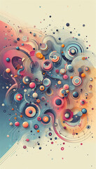 Colorful abstract design with floral and heart patterns, featuring circles and drops in a swirling, decorative style