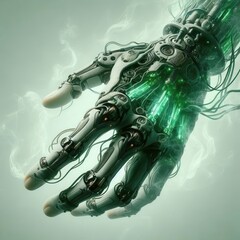 A futuristic robotic hand with glowing green accents, symbolizing advanced technology and innovation in artificial intelligence and robotics.