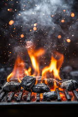 
An empty flaming charcoal grill is seen with open flames dancing above the hot coals, creating a vibrant and intense heat