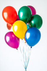 Bright balloons in various colors float against a white background, creating a cheerful and festive atmosphere
