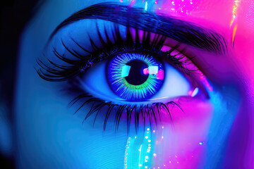 Eye with makeup in holographic lighting.
