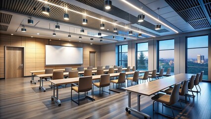 Modern educational setting with a sleek projector screen at the front, illuminated by a beam of light, amidst rows of empty chairs and desks.
