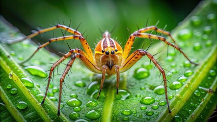Fototapeta premium Orange color striped lynx spider sitting on leaf after rain, lynx spider, orange, striped, leaf, wet, rain, nature