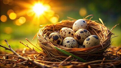 Obraz premium Sunlight illuminating quail eggs in a nest , sunlight, quail eggs, nest, nature, wildlife, outdoors, natural, sunlight, radiant, beauty