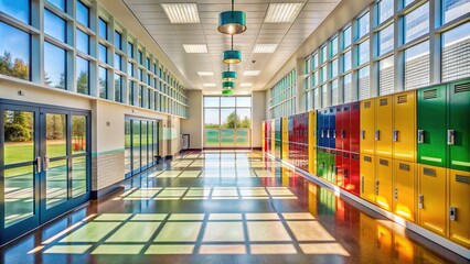 Obraz premium Modern elementary school interior with bright corridors, rows of lockers, and classrooms filled with natural light streaming through large windows and glass doors.